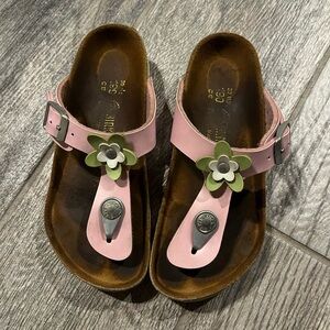 Birkenstock Pink and Green Sandals with Floral Accent